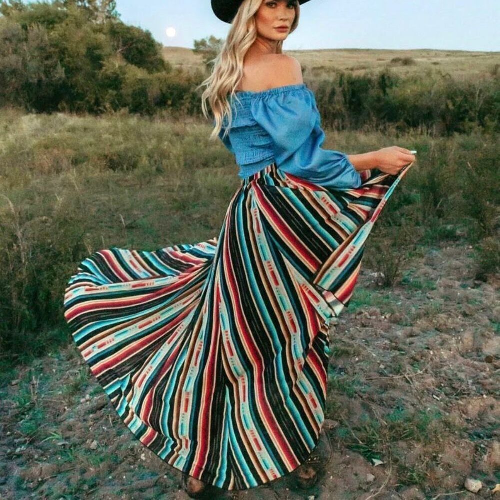 Womens Western Serape Kreek Maxi Pull On Showstopper Fiesta Skirt Size 2X / 3X - Picture 2 of 7